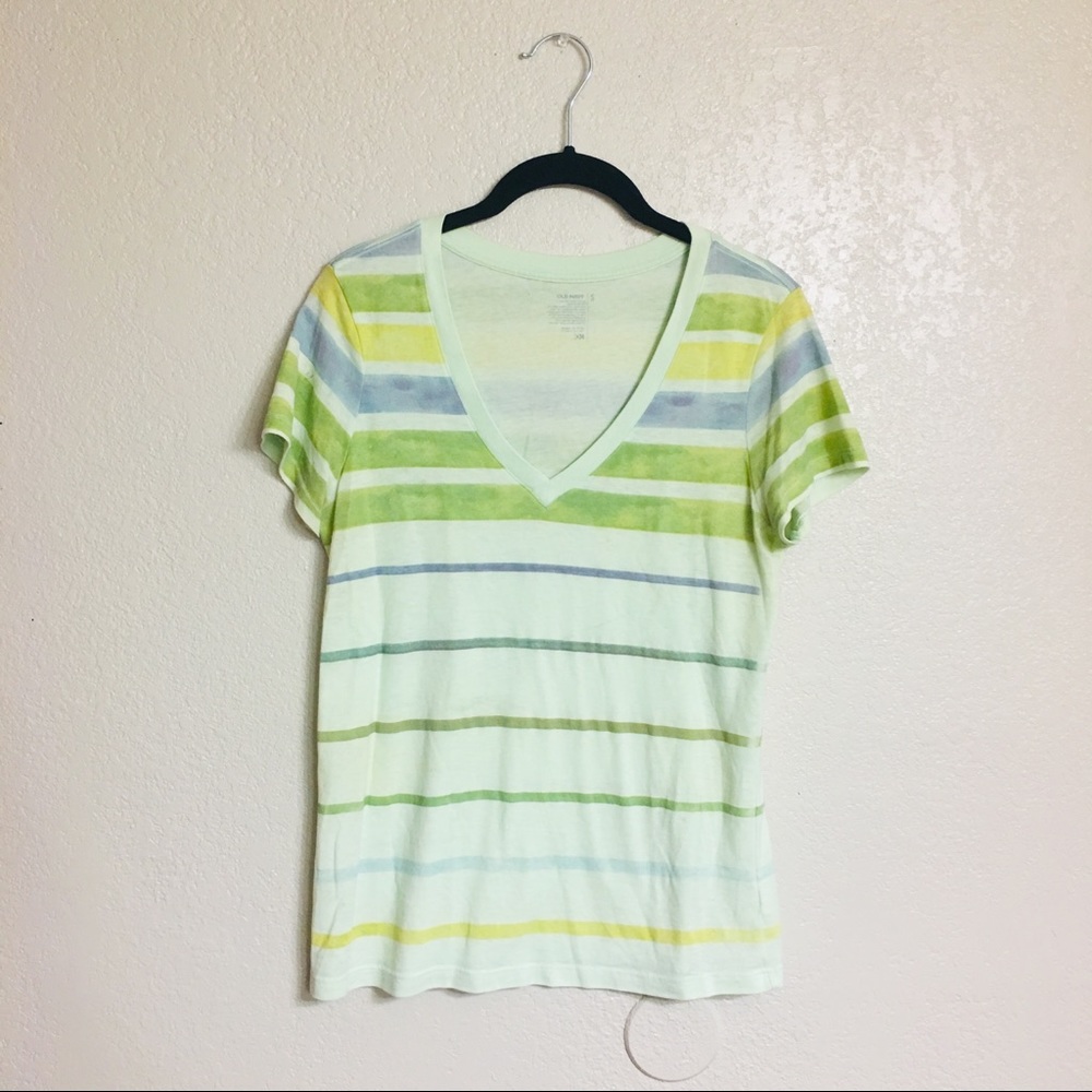Old Navy Green/Blue Striped V-neck Shirt (Small)